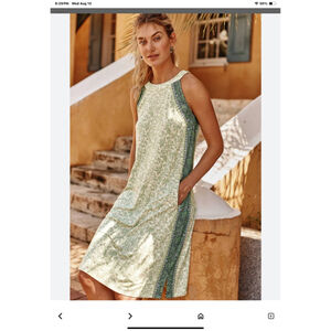 J.Jill vinyard border paisley Floral print midi Dress inbarley green/cream L